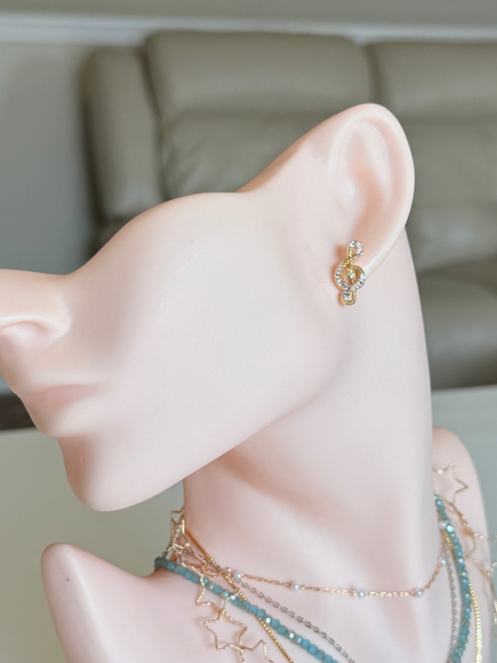 Gold Treble Clef Crystal Stud Earrings